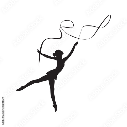 A graceful rhythmic gymnast gracefully leaps, her ribbon swirling in elegant loops against a stark white background, a powerful display of athleticism and artistry.