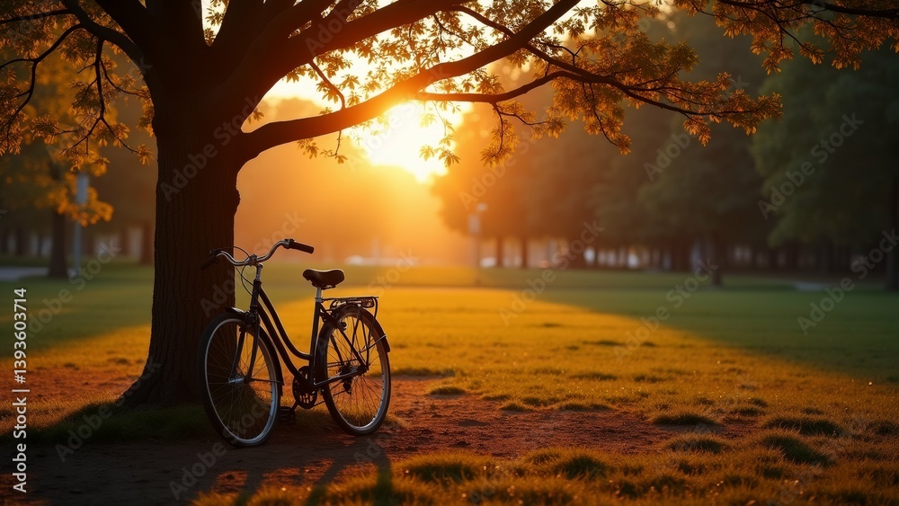 Fototapeta premium bicycle leaning against large tree park tree has orange leaves sun setting background creating warm glow illuminates scene bicycle black has basket attached front grass around tree green trees