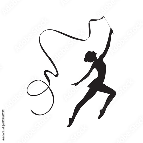 A graceful rhythmic gymnast leaps, ribbon swirling in a dynamic dance of elegance and athleticism, a powerful black silhouette on white.