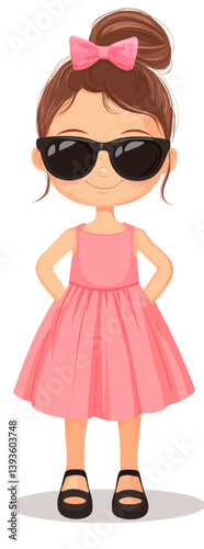 A cheerful young girl is depicted holding sunglasses in a minimalist flat design style of modern art