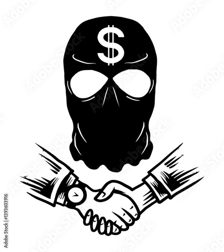 Deal in Shadows: A stark monochrome illustration of a masked figure above a handshake, symbolizing illicit financial transactions and secretive agreements.