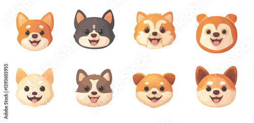 Modern art featuring cute dog faces in various expressions with a flat design style