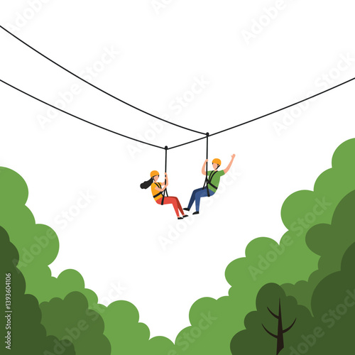 Two adventurers ziplining through lush green trees in a flat vector illustration