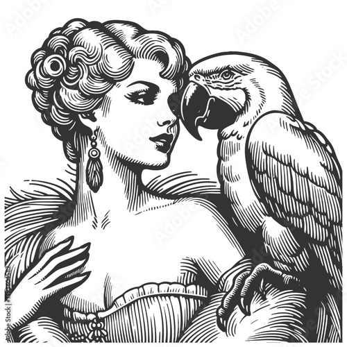 glamorous woman with a parrot perched on her arm, combining beauty, luxury, and exotic symbolism sketch engraving generative ai vector illustration. Scratch board imitation. Black and white image.