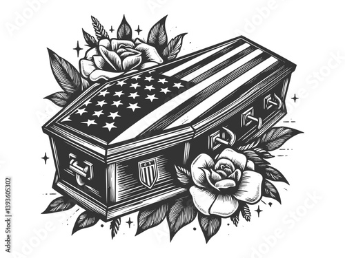coffin covered with the USA flag, surrounded by roses, symbolizing patriotism and mourning sketch engraving generative ai vector illustration. Scratch board imitation. Black and white image.