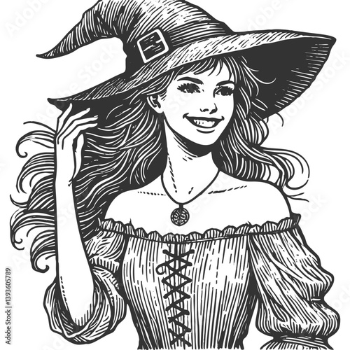 charming witch with long wavy hair, wearing a traditional pointed hat and smiling confidently sketch engraving generative ai vector illustration. Scratch board imitation. Black and white image.