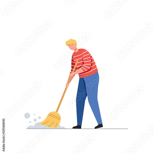 Person sweeping floor with broom in flat style vector art