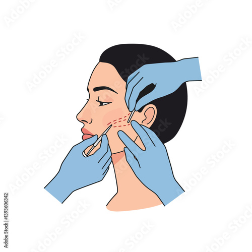 Facial treatment procedure showing expert hands performing techniques in flat vector art
