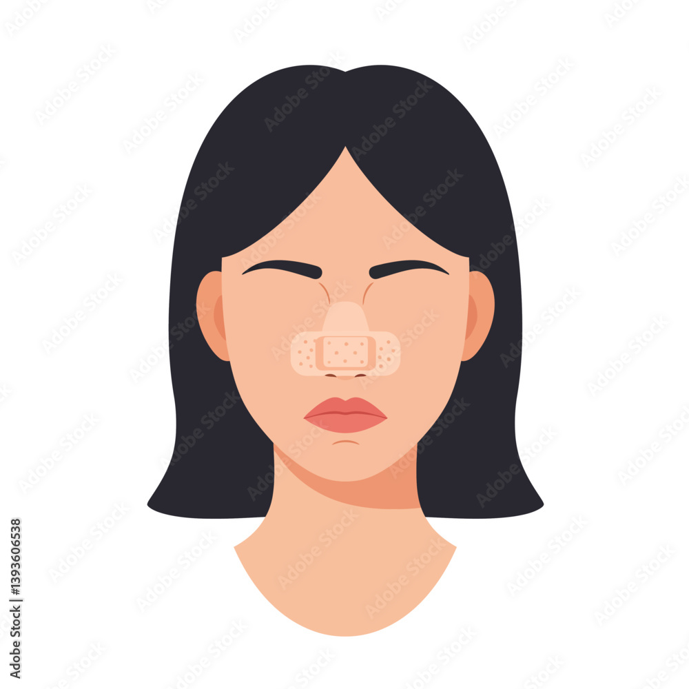 Illustration of a woman with a bandage on her nose in flat vector art style Illustration of a woman with a bandage on her nose in flat vector art style