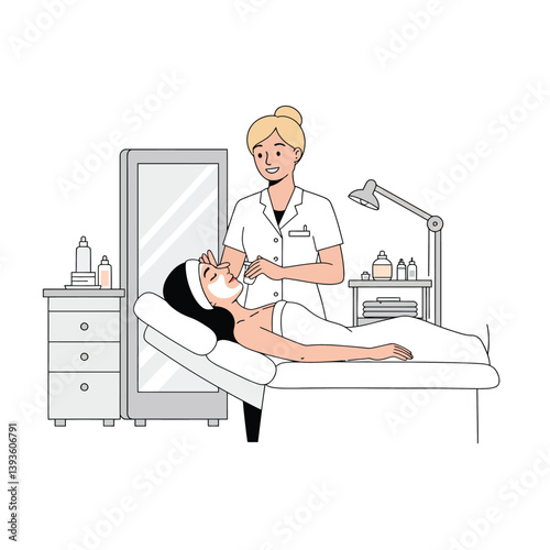 Woman receiving facial treatment from aesthetician in flat vector art