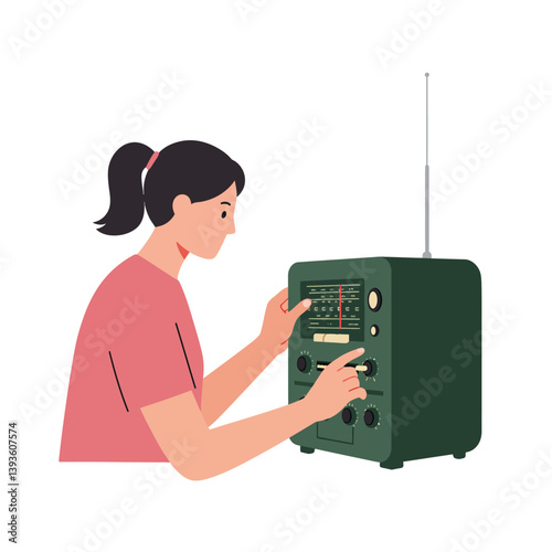 Woman adjusting vintage radio in flat minimal vector art