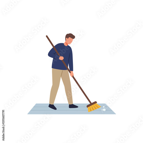 Person cleaning floor with broom in flat minimal vector art style