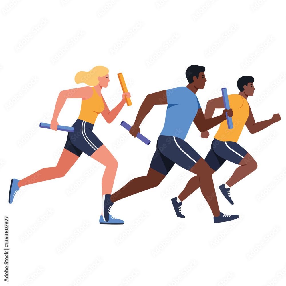 Runners in motion with batons in a flat and colorful vector illustration Runners in motion with batons in a flat and colorful vector illustration