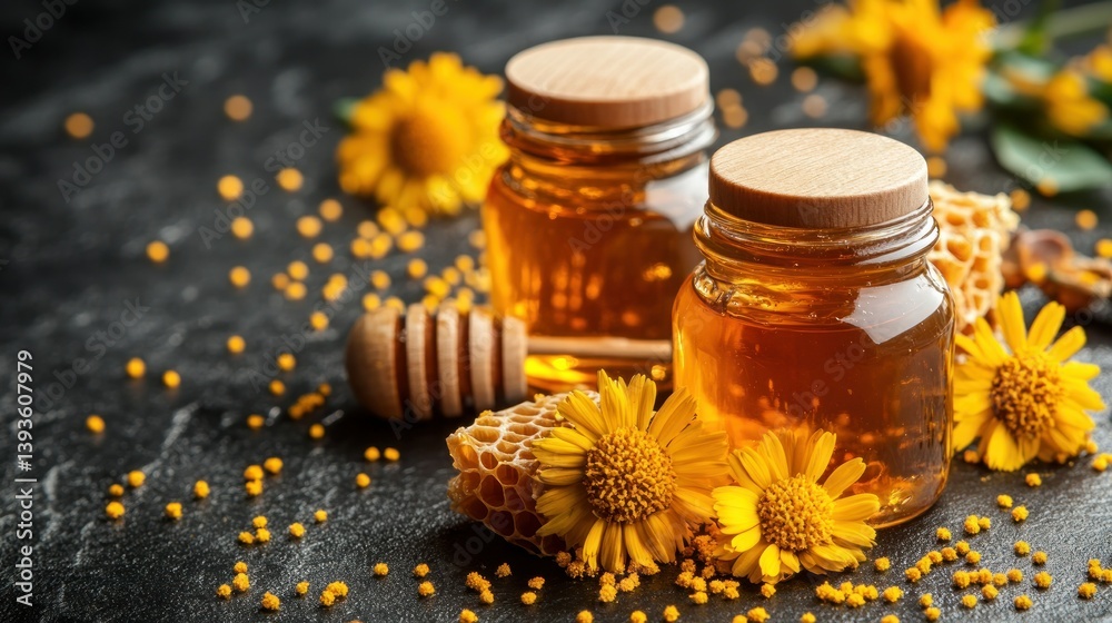 Honey in jars with flowers and honeycomb. A close-up image displays two clear glass jars filled with Honey in jars with flowers and honeycomb. A close-up image displays two clear glass jars filled with