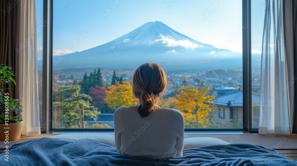 A relaxing traveler visitor at a luxury hotel bedroom on her trip with Fuji mountain view, Japan.