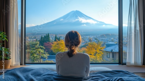 Obraz na płótnie A relaxing traveler visitor at a luxury hotel bedroom on her trip with Fuji mountain view, Japan. w salonie