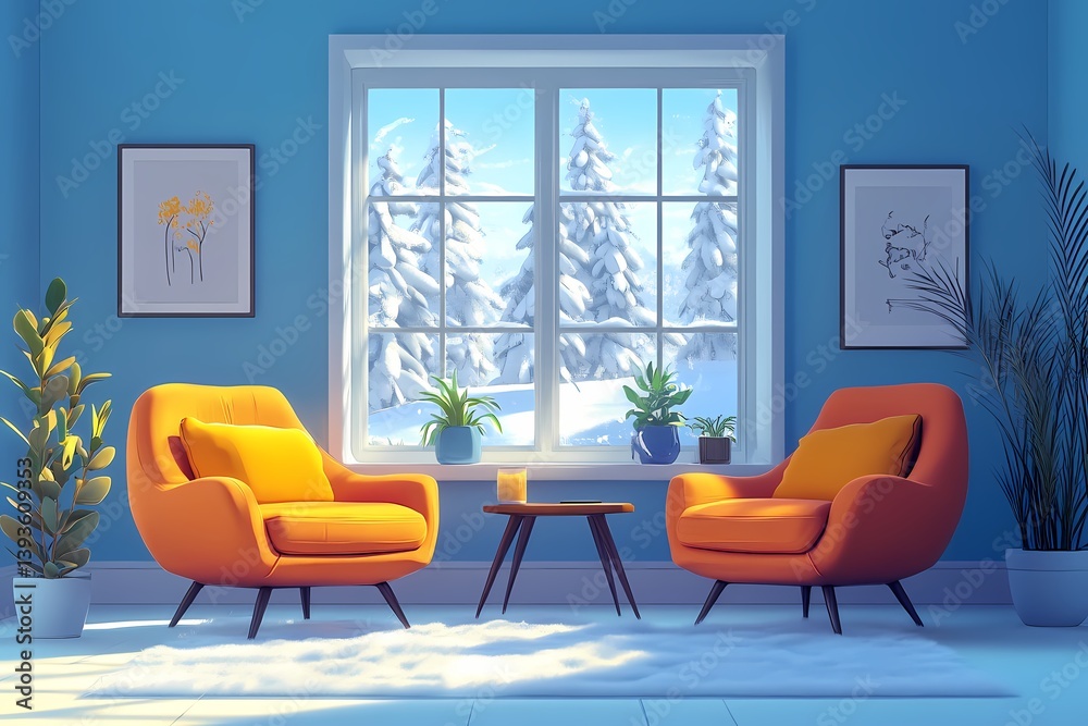 Cozy Living Room with Orange Armchairs and Modern Decor Overlooking Snowy Landscape - Home Interior Design for Relaxation Cozy Living Room with Orange Armchairs and Modern Decor Overlooking Snowy Landscape - Home Interior Design for Relaxation
