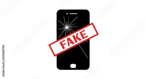 Broken smartphone with a fake stamp