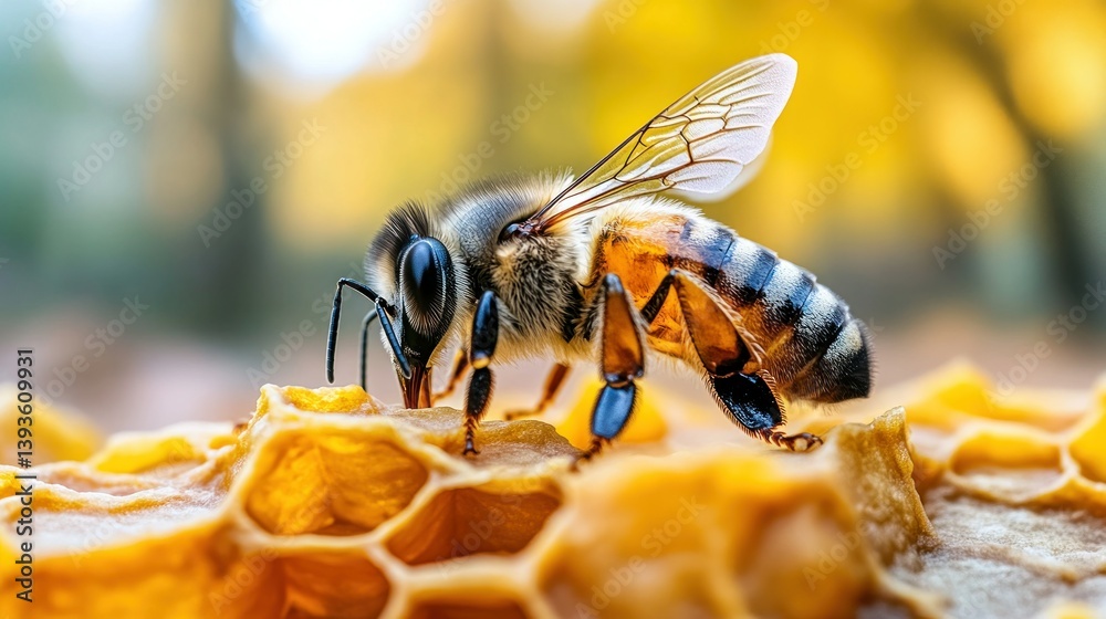Honeybee on honeycomb, close-up view in autumnal setting Honeybee on honeycomb, close-up view in autumnal setting