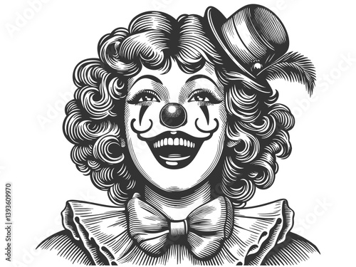 cheerful female clown with curly hair, expressive makeup, a pom-pom hat, and a ruffled collar sketch engraving generative ai vector illustration. Scratch board imitation. Black and white image.