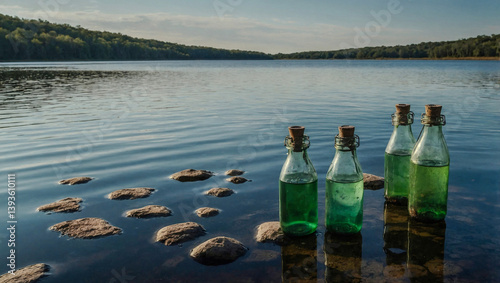 Wallpaper Mural Reservoir with scattered glass bottles and calm water. Torontodigital.ca