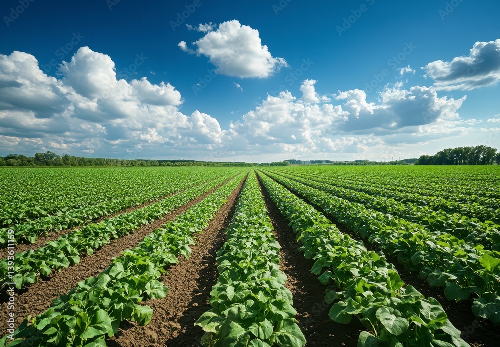 Vast Green Crop Field Under a Sunny Sky Vast Green Crop Field Under a Sunny Sky