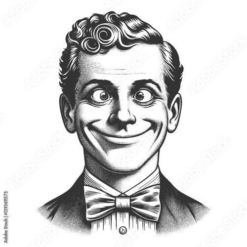 Comic man in a suit and bow tie, smiling widely with exaggerated, wide-open eyes sketch engraving generative ai fictional character vector illustration. Scratch board imitation. Black and white image.