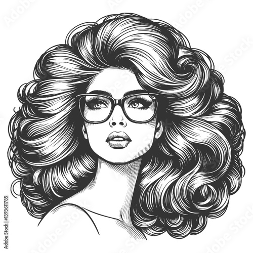 woman with large glasses and voluminous wavy hair, gazing thoughtfully sketch engraving generative ai fictional character vector illustration. Scratch board imitation. Black and white image.