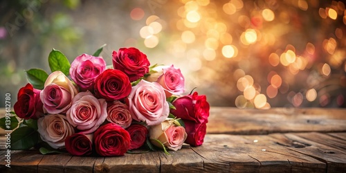 Exquisite Red and Pink Rose Bouquet on Rustic Wooden Table A Romantic Gift for Valentines Day or Any