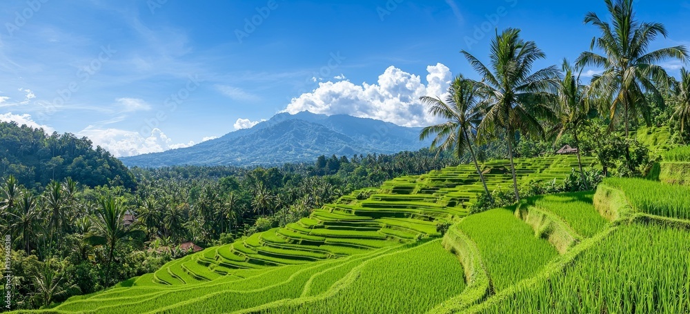 Fototapeta premium A beautiful mountain range with a lush green field of rice