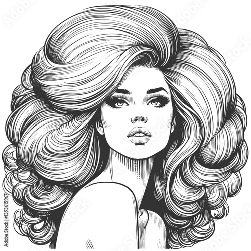 woman with an enormous, intricately curled hairstyle, blending surrealism, elegance, and vintage artistic style sketch engraving generative ai vector illustration. Scratch board. Black and white image