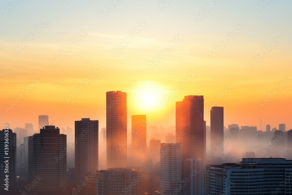 The sun is setting over a city skyline, casting a warm glow over the buildings The sun is setting over a city skyline, casting a warm glow over the buildings