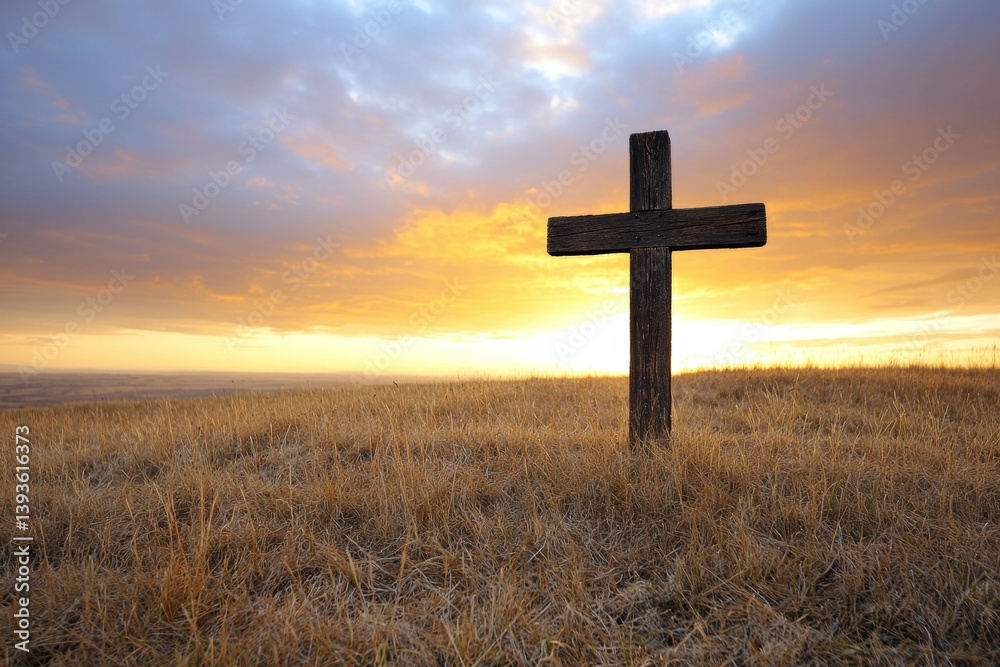 Wooden cross is standing in a field of tall grass Wooden cross is standing in a field of tall grass
