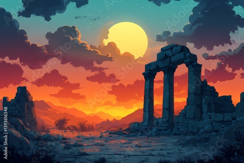 Ancient Ruins at Sunset: Vibrant Desert Landscape and Mystical Sky Archway in Epic Digital Art Scenery