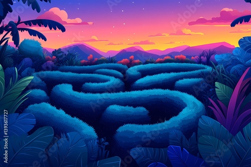 Mystical Maze: Navigating Nature's Puzzle at Dusk - Vibrant Digital Art Landscape photo