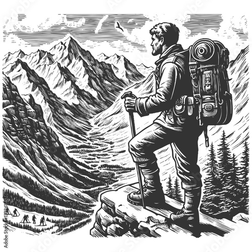 hiker standing on alpine mountain ridge, gazing at a scenic valley and lake, evoking adventure and exploration sketch engraving generative ai vector illustration. Scratch board. Black and white image.