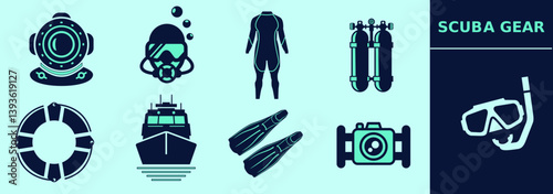 Scuba diving gear collection containing underwater mask, wetsuit, oxygen tank, boat, fins, underwater camera, snorkel, lifebelt. Editable icon elements, size and color.