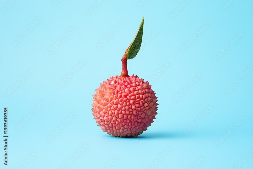 A solitary lychee fruit with attached stem and a leaf