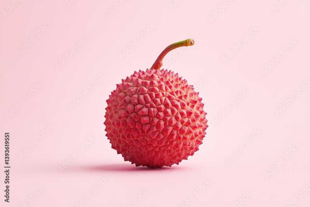 A single red and textured lychee fruit on pink background A single red and textured lychee fruit on pink background