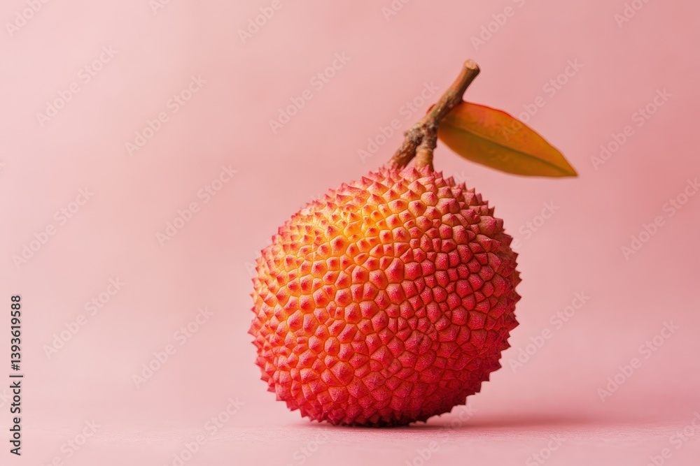 A single fresh lychee fruit with its stem and leaf A single fresh lychee fruit with its stem and leaf