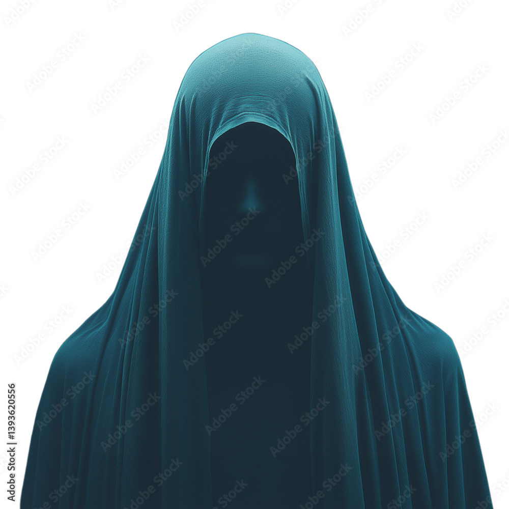 Mysterious figure in a hooded blue cloak, symbolizing enigma and anonymity, isolated on a transparent background