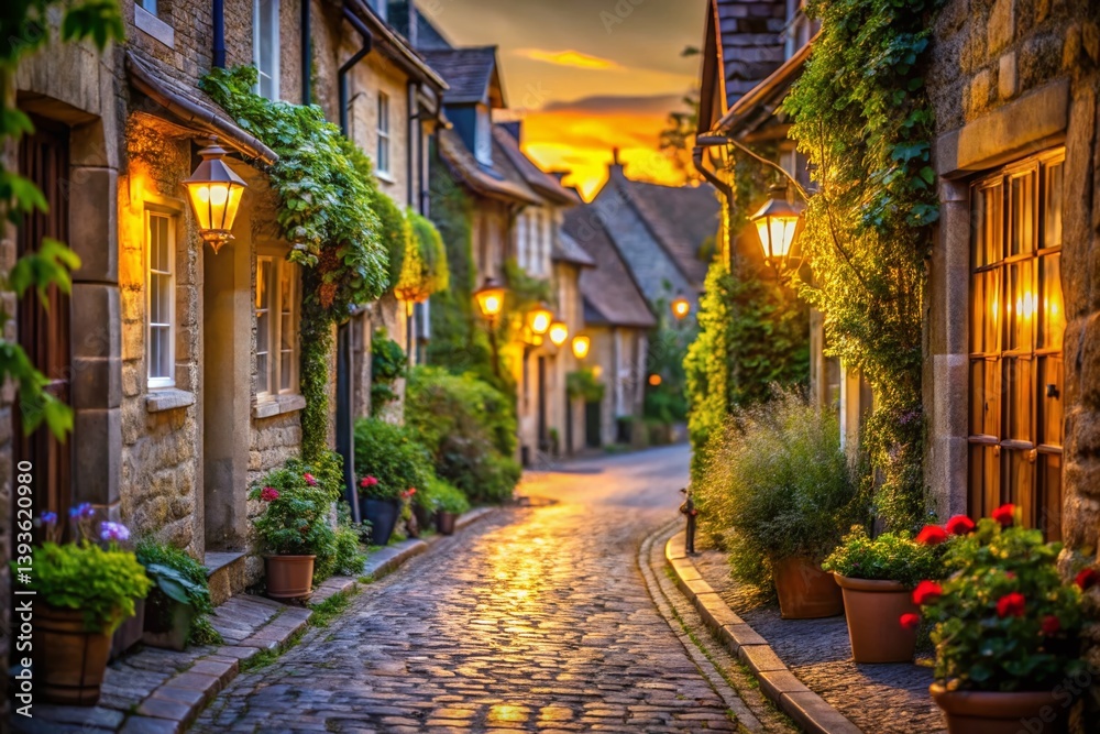 Fototapeta premium Enchanting Spanish Village Street at Dusk A Peaceful Rural Scene with Soft Bokeh