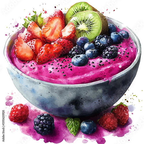 Acai Bowl, watercolor illustration, isolated on a white background.


