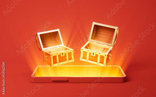 Fototapeta Naklejka Na Ścianę i Meble -  Mobile phone with treasure boxes on it, 3d rendering.