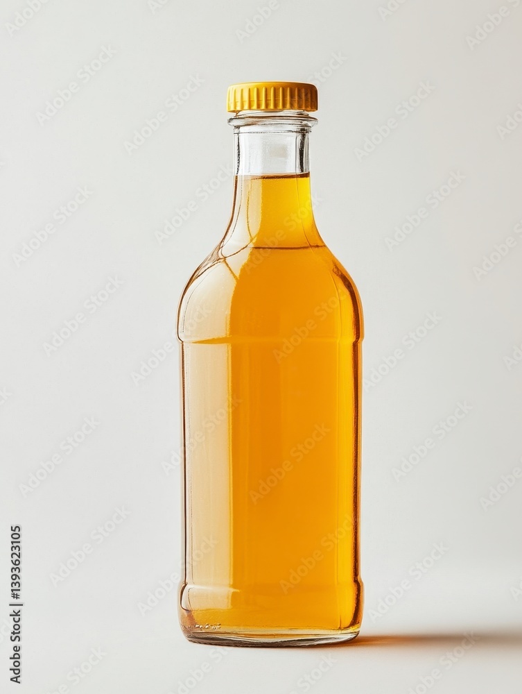 Amber Liquid in Clear Glass Bottle with Yellow Cap on Light Background Amber Liquid in Clear Glass Bottle with Yellow Cap on Light Background