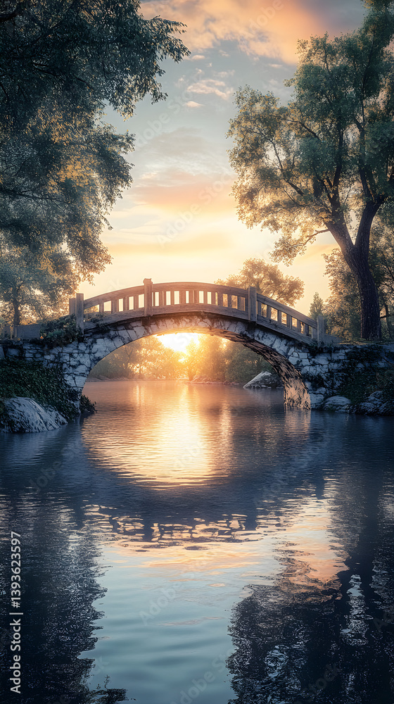 Naklejka premium Timeless Tranquility: The Rustic Elegance of an Historic Drawbridge at Sunset