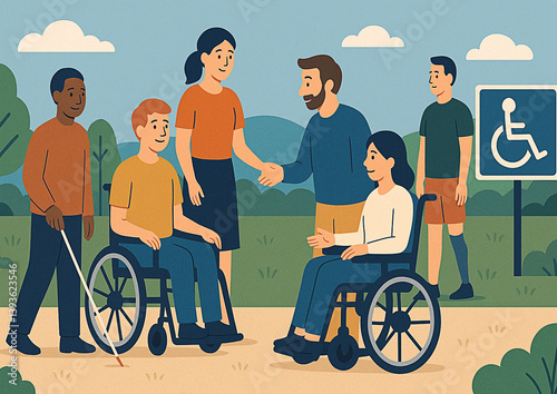 Inclusive illustration of people with disabilities enjoying an accessible park environment