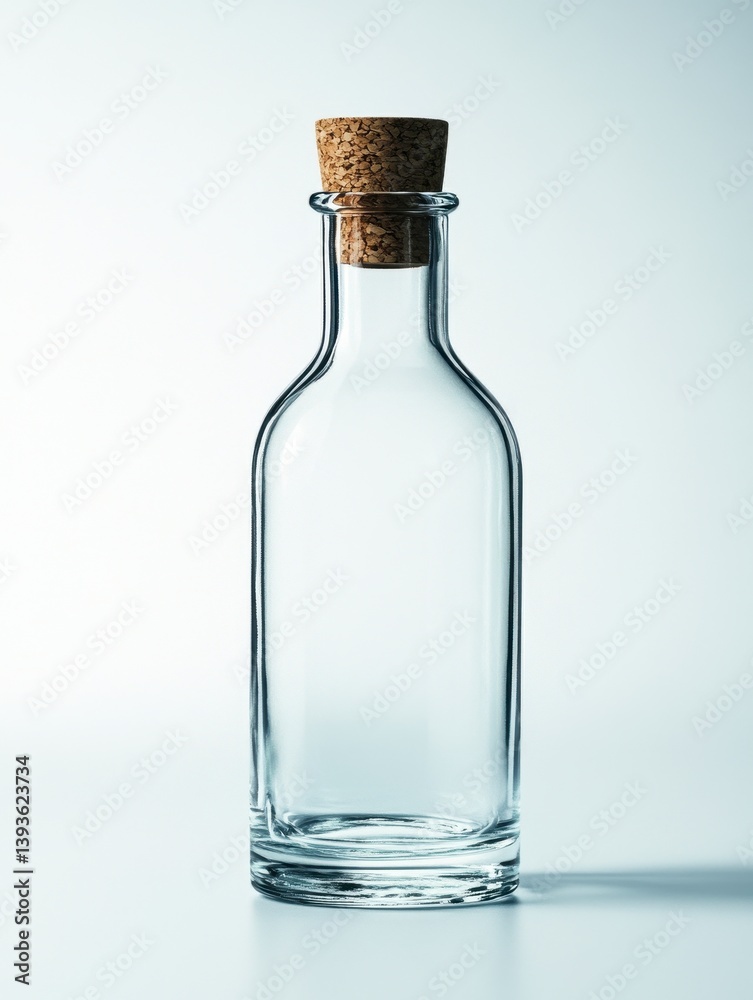 Clear Glass Bottle with Cork Stopper on White Background Clear Glass Bottle with Cork Stopper on White Background