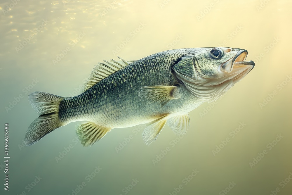 A large fish swimming through tranquil and luminous aquatic waters A large fish swimming through tranquil and luminous aquatic waters