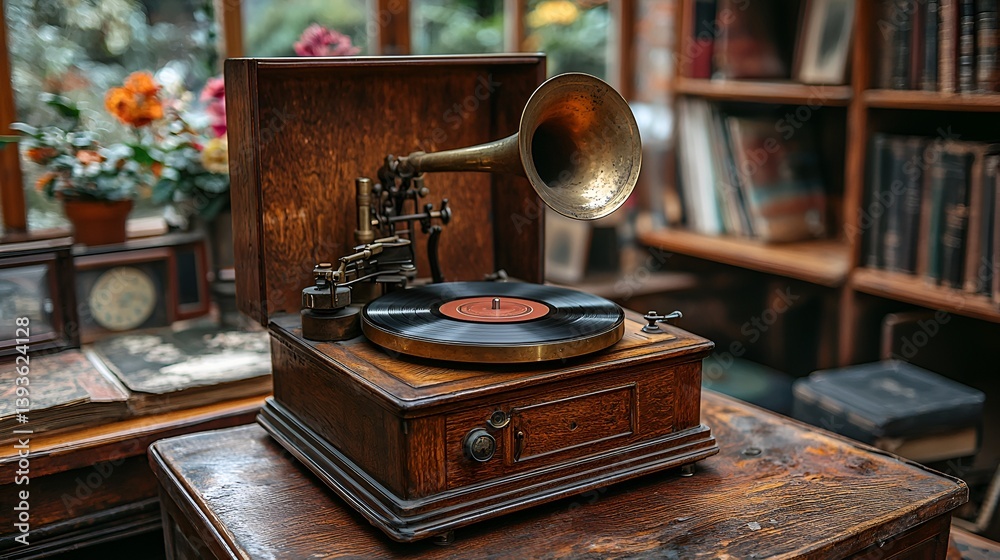 Obraz premium Antique gramophone in a cozy library